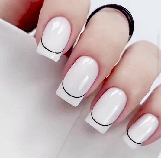 Chic Minimalism Long Square White Press On Nail Set with Elegant Black Tip Design