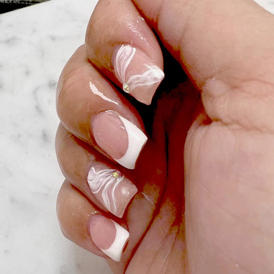 Elegant Spring Bliss Medium Square White Pink Marble Press On Nail Set with Gem Accents