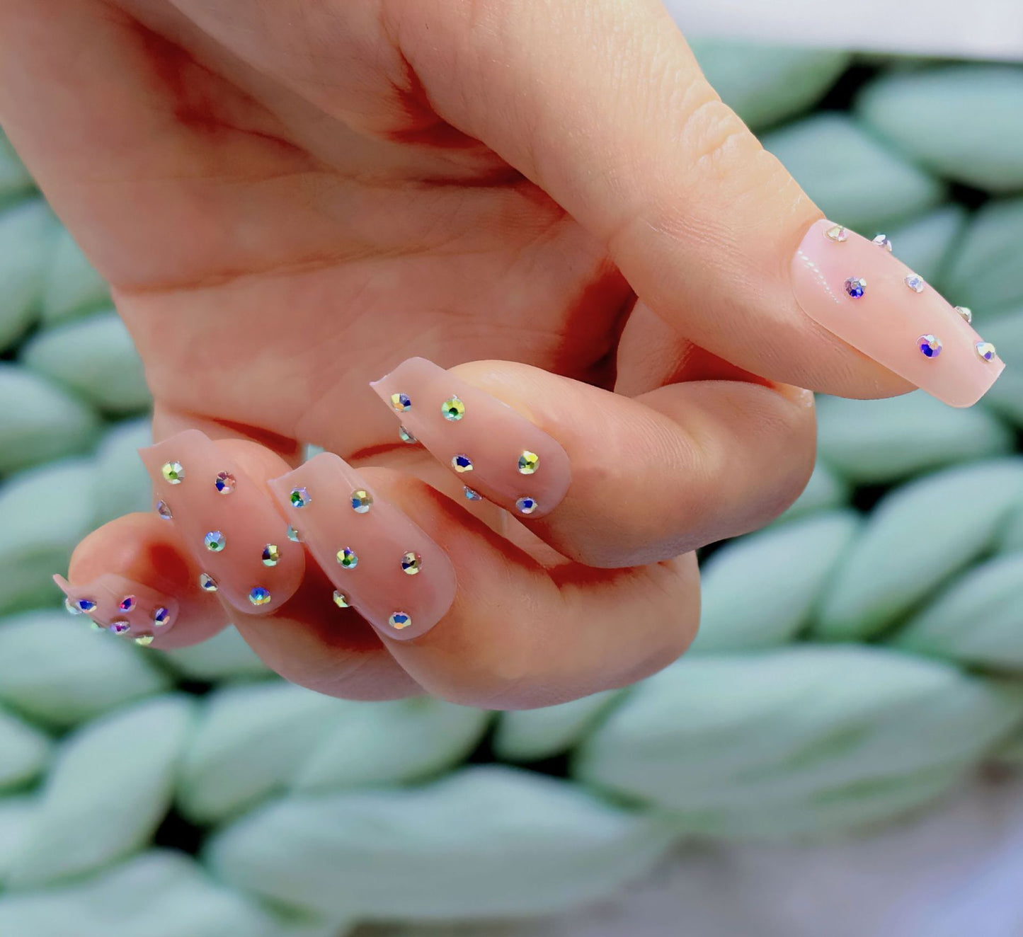 Glamorous Crystal Dream Long Coffin Pink Press On Nail Set with Multi-Colored Rhinestones