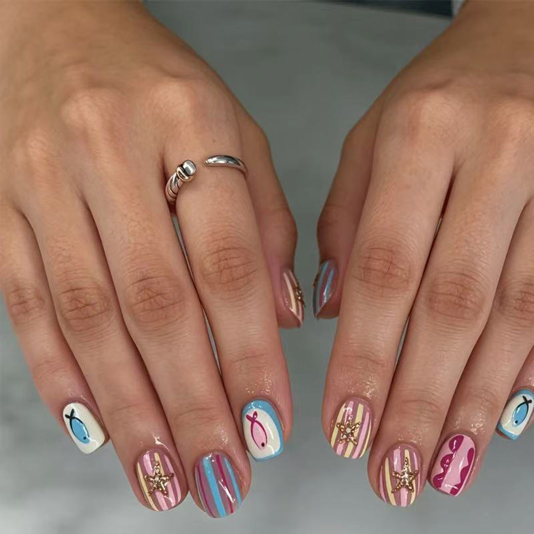Whimsical Oceanic Theme Short Square Multi-Colored Nails with Starfish Accents