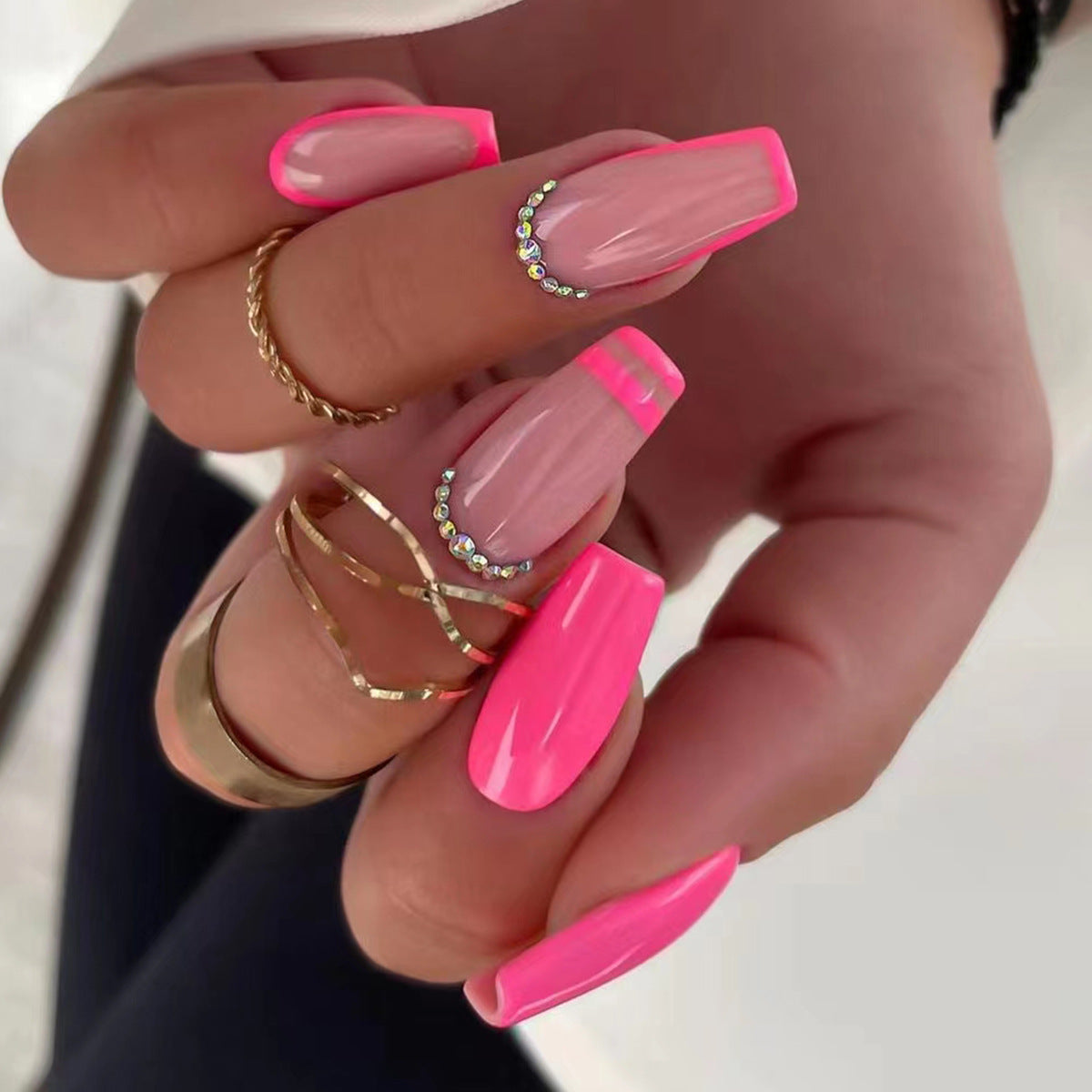 Neon Paradise Extra Long Coffin Pink Press On Nail Set with Rhinestone Accents