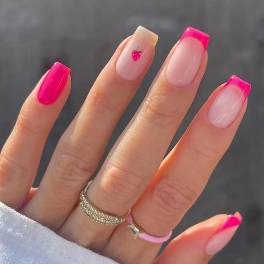 Fruit Paradise Press On Nail Set Long Square Hot Pink with Strawberry Accent Detail