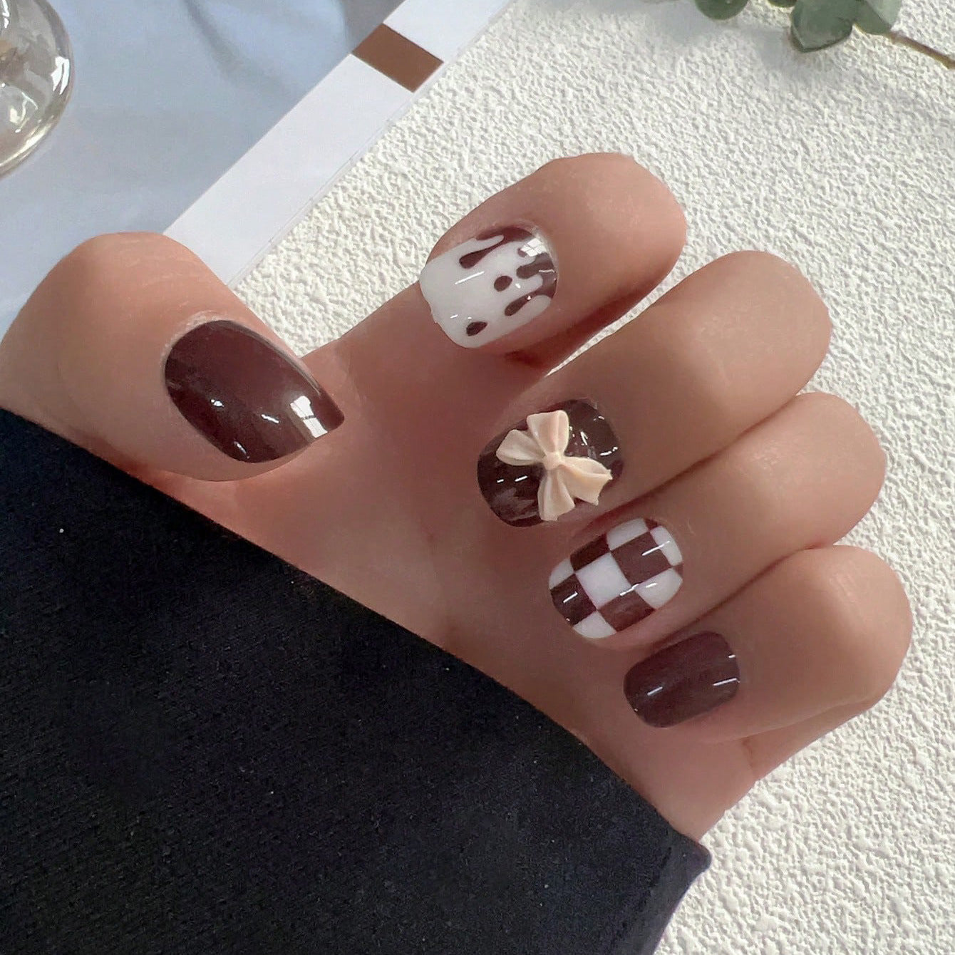 Choco Delight Short Square Brown and White Press On Nail Set with Cute Bow and Dripping Design