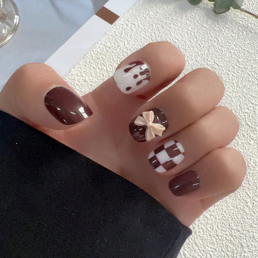 Choco Delight Short Square Brown and White Press On Nail Set with Cute Bow and Dripping Design