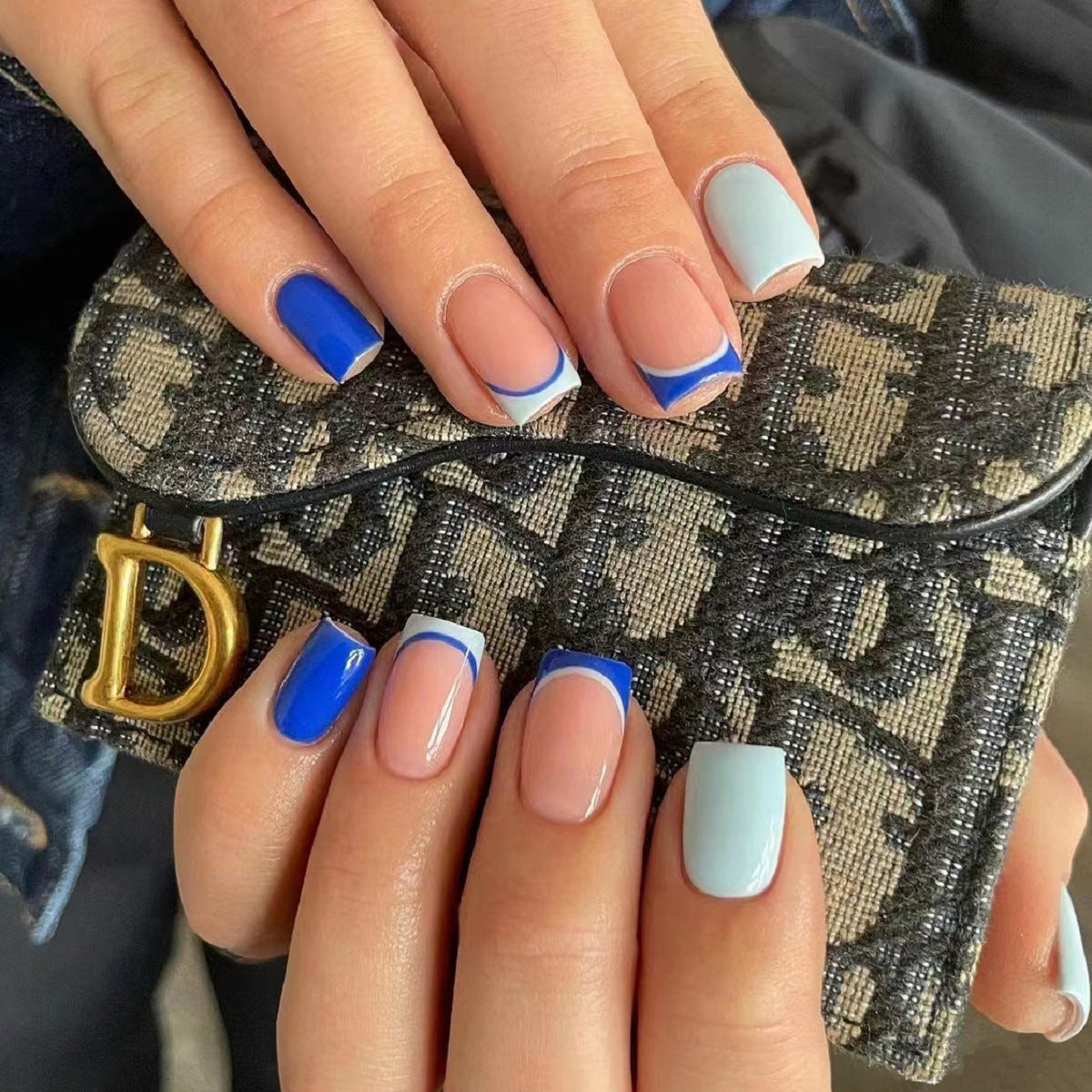 Ocean Breeze Square Short Blue and Light Blue Press On Nail Set with Unique French Tips