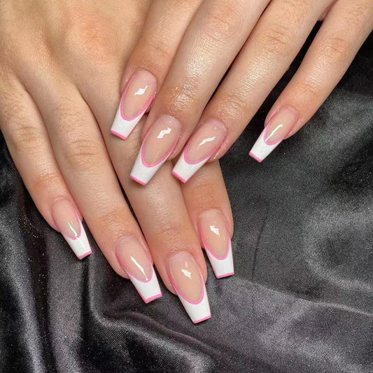 Chic Summer Vibes Long Coffin Press On Nails Pink and White French Tips with Glossy Finish