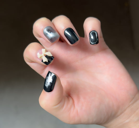 Mystical Night Press On Nail Set Medium Square Shiny Black and Silver with Elegant Bow Accent