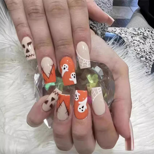 Spooky Halloween Long Square Orange and Beige Press On Nail Set with Ghost and Skull Designs