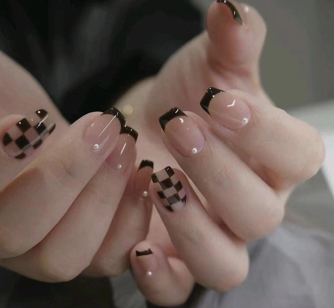 Chic Checkerboard Coffin Press On Nail Set Long Transparent Black Tips with Pearl Accents