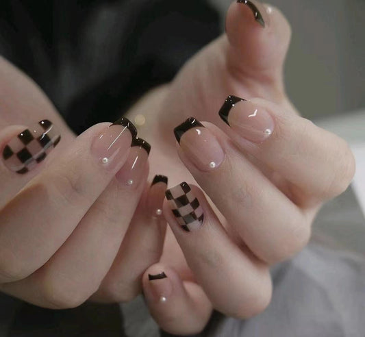 Chic Checkerboard Coffin Press On Nail Set Long Transparent Black Tips with Pearl Accents