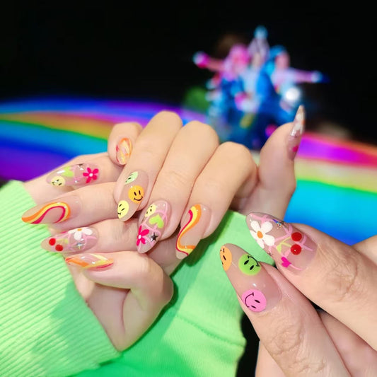 Whimsical Rainbow Inspired Long Almond Shaped Multicolor Press On Nail Set with Fun Floral and Smiley Face Designs