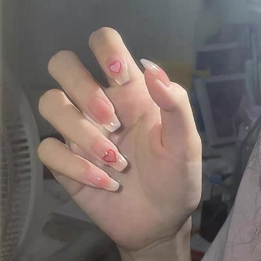 Love and Hearts Long Coffin Transitional Pink Press On Nail Set with Heart Design