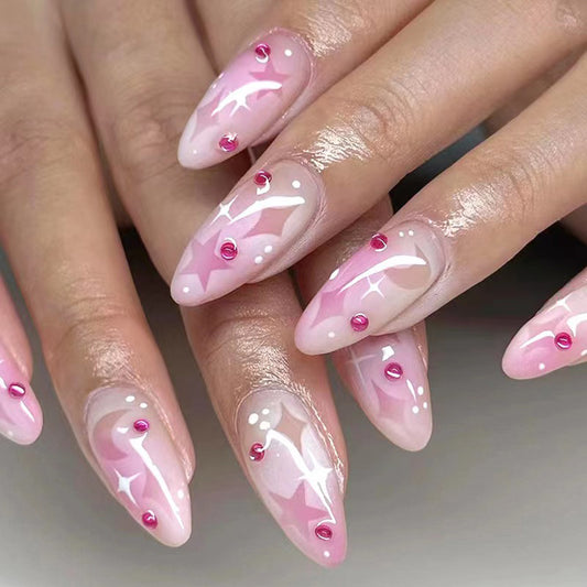 Dreamy Starry Pink Almond Press On Long Nail Set with Glittery Rhinestones and Unique Shimmer Finish