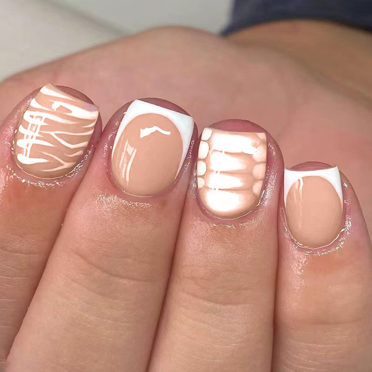 Nature's Elegance Short Square Beige Press On Nail Set with Unique White Accent Designs