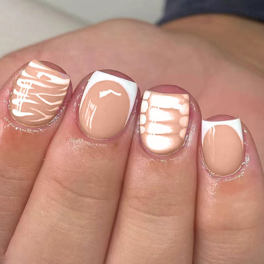 Nature's Elegance Short Square Beige Press On Nail Set with Unique White Accent Designs