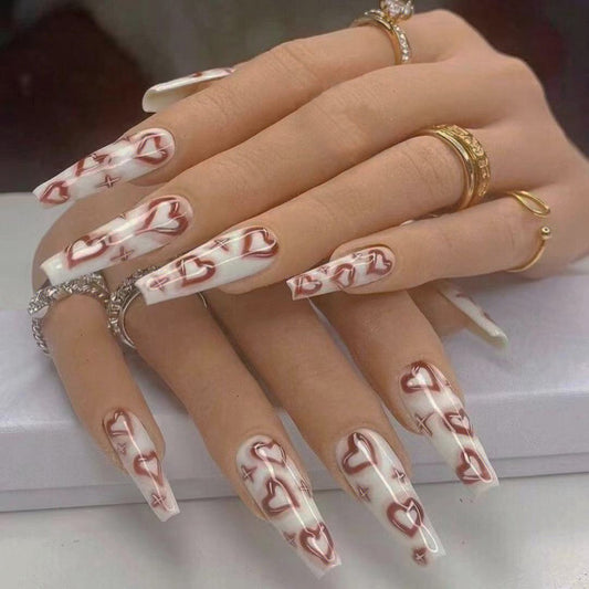 Romantic Heart Themed Long Coffin White and Red Press On Nail Set with Intricate Heart and Star Design