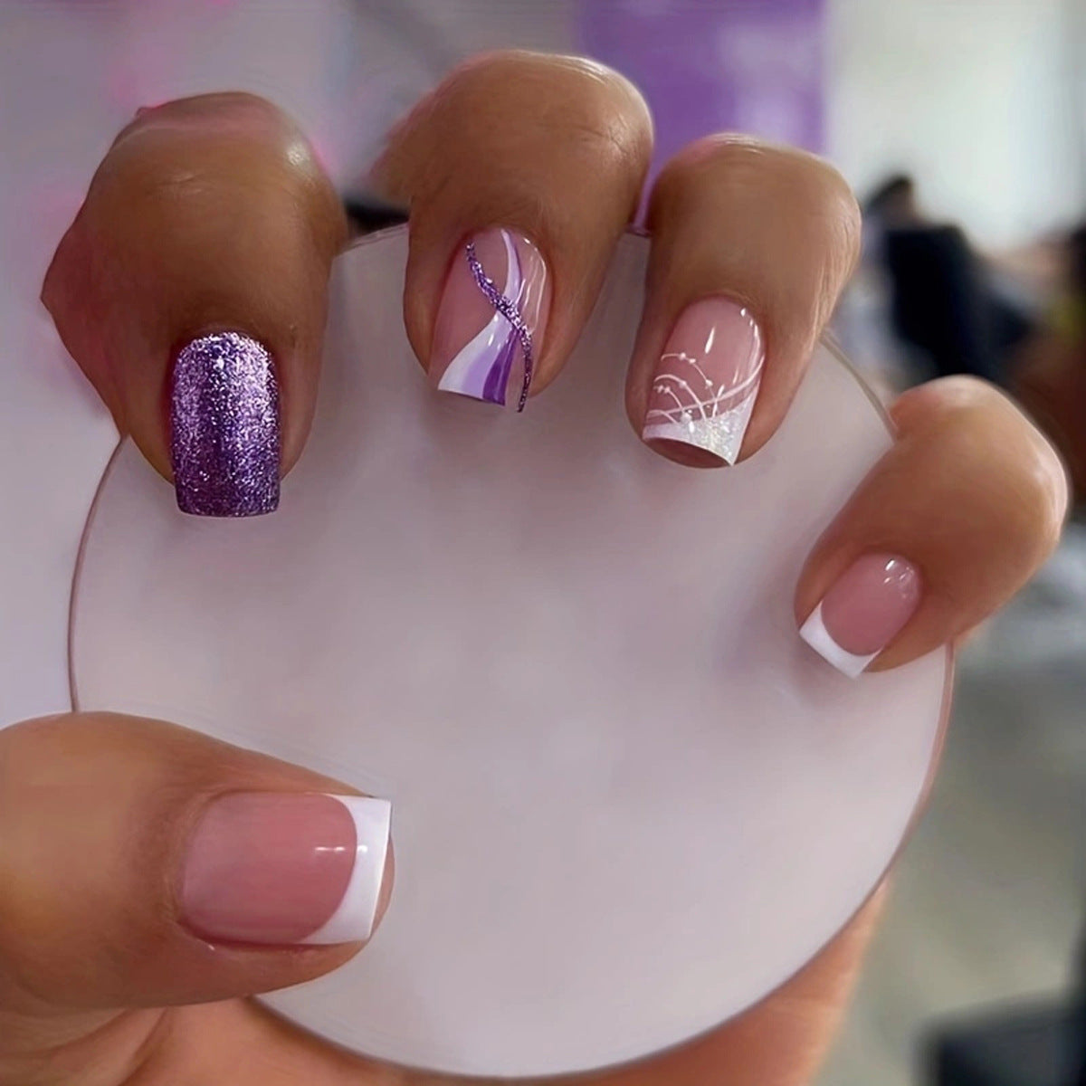 Whimsical Lavender Dream Medium Square Press On Nail Set Featuring Sparkling Glitter and Elegant French Tips