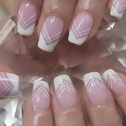 Chic Elegance Long Coffin Pink and White Press On Nail Set with Stylish Geometric Design