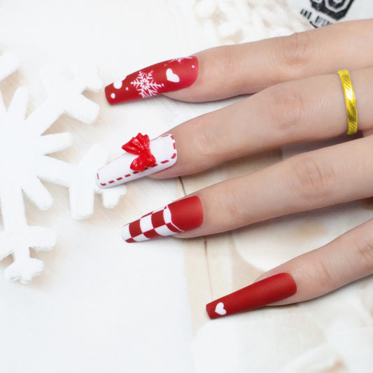 Festive Winter Wonderland Long Coffin Red and White Press On Nail Set with 3D Bow and Snowflake Design