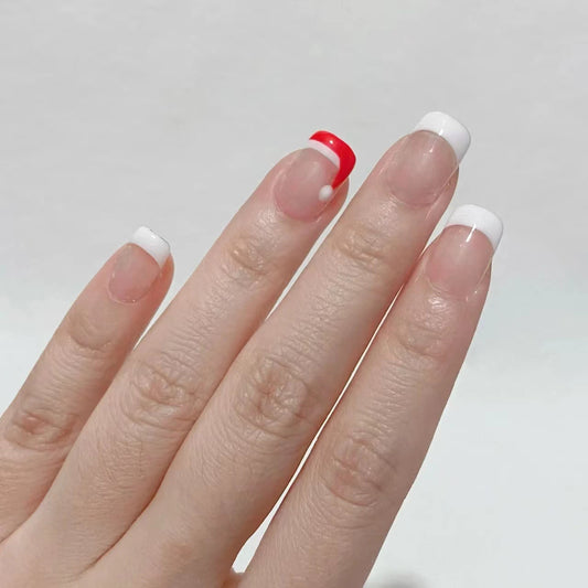 Chic French Tip Long Square Press On Nail Set Red White with Unique Dot Design