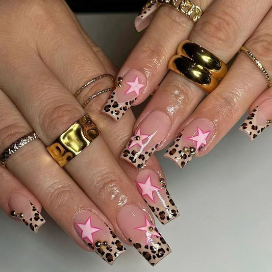 Starry Safari Medium Square Pink and Leopard Nail Set with Glamorous Embellishments