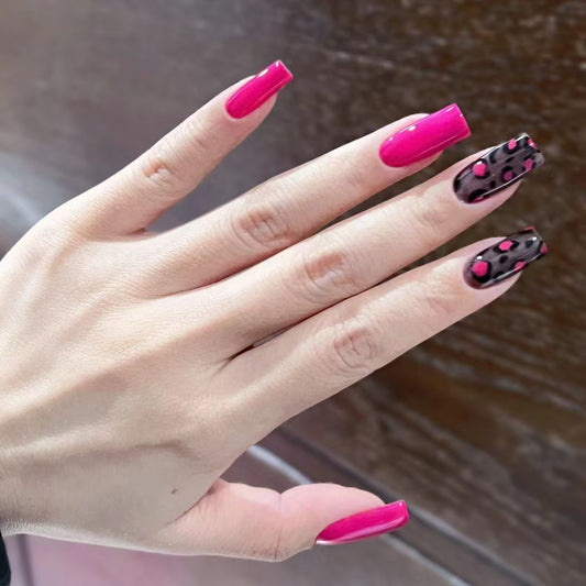Vibrant Diva Long Square Bright Pink with Artistic Leopard Print Design Press on Nail Set