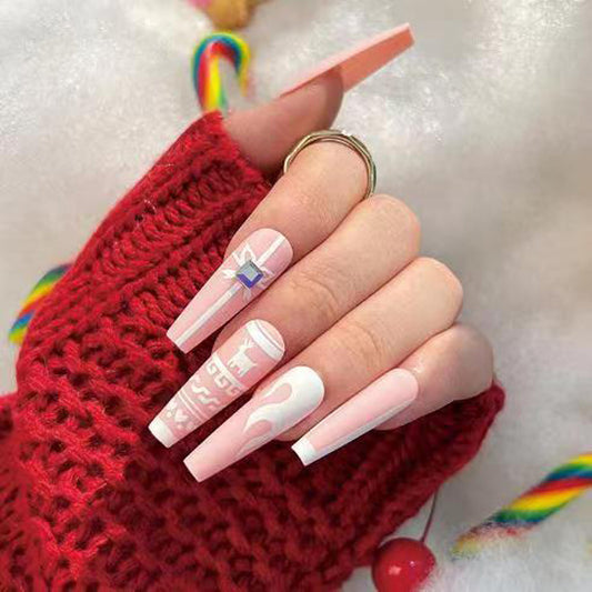 Whimsical Winter Wonderland Extra Long Coffin Pink Press On Nail Set with Unique Artistic Designs