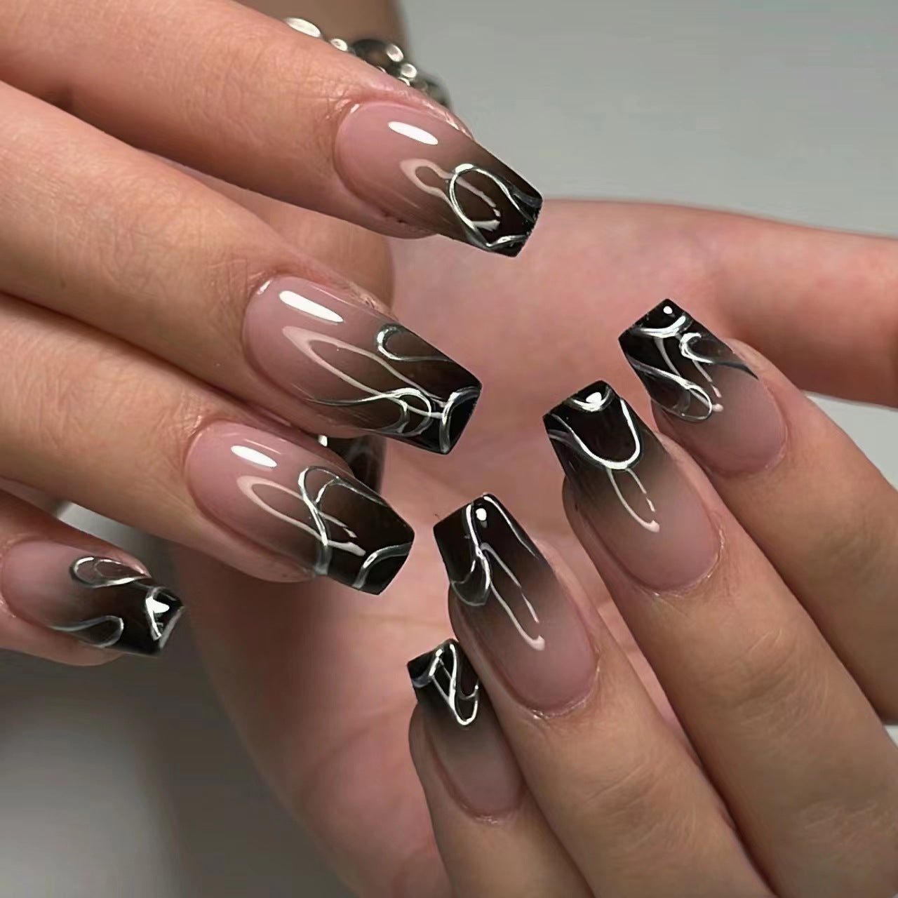 Gothic Elegance Long Coffin Black and Natural Ombre Press On Nails with Artistic Swirls