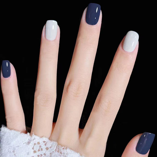 Ocean Breeze Square Short Navy and Light Grey Press On Nail Set with Glossy Finish