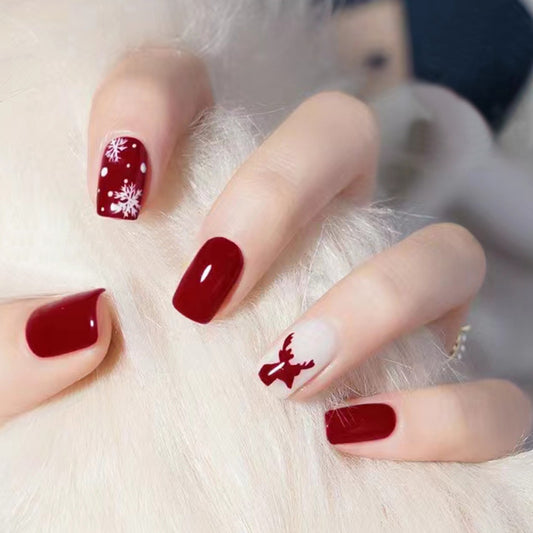 Festive Winter Wonderland Short Square Burgundy Press On Nail Set with Snowflakes and Reindeer Design