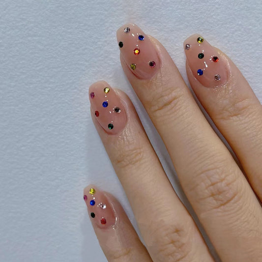 Sparkling Celebration Long Coffin Clear Press On Nail Set with Colorful Rhinestone Accents