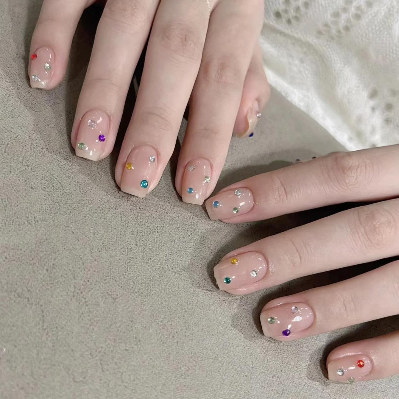 Sparkling Jewel Garden Square Press On Nail Set Medium Beige Nails with Colorful Rhinestones