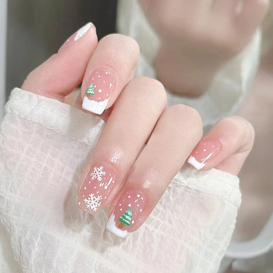 Festive Winter Wonderland Long Square Pink White Press on Nail Set with Snowflakes and Christmas Trees