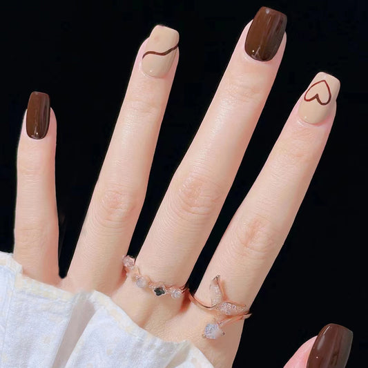 Coffee Lovers Dream Long Square Brown and Beige Press On Nails with Heart and Line Designs