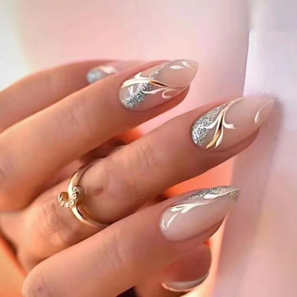 Elegant Garden Long Almond Shape Beige and Silver Glitter Press On Nail Set with Delicate Floral Design