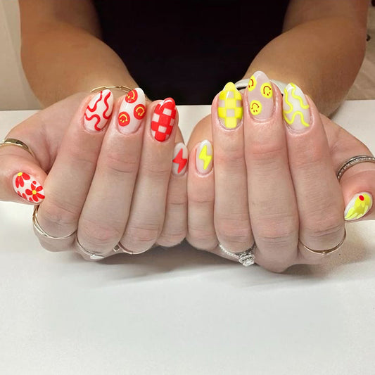 Retro Fun Medium Oval Yellow and Red Patterned Press-On Nail Set