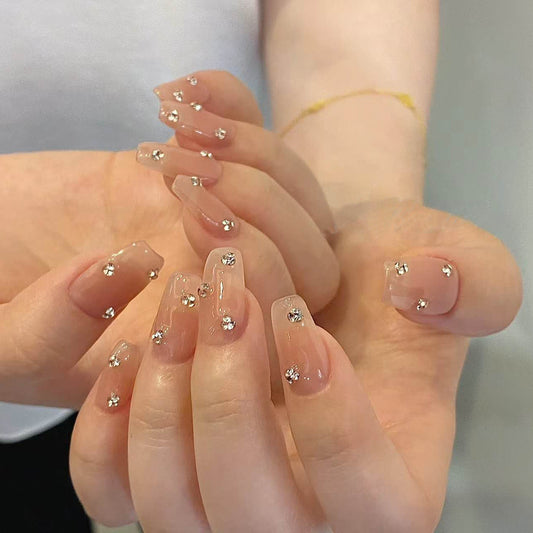 Glamorous Crystal Elegance Long Coffin Beige Press On Nail Set with Rhinestone Accents