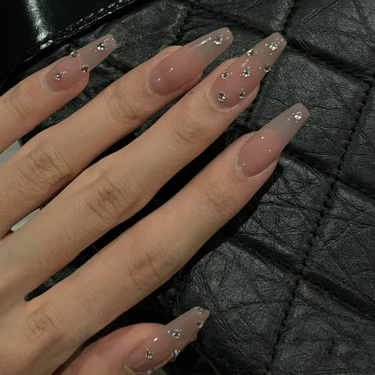 Glamorous Elegance Long Coffin Pink Ombre Press On Nail Set with Glittering Rhinestones