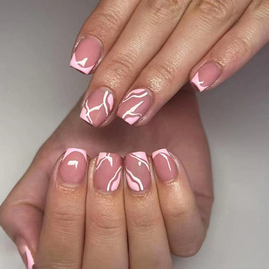 Chic Marble Dream Medium Coffin Pink and Blush Press On Nail Set with Glossy Finish and Elegant Swirl Design