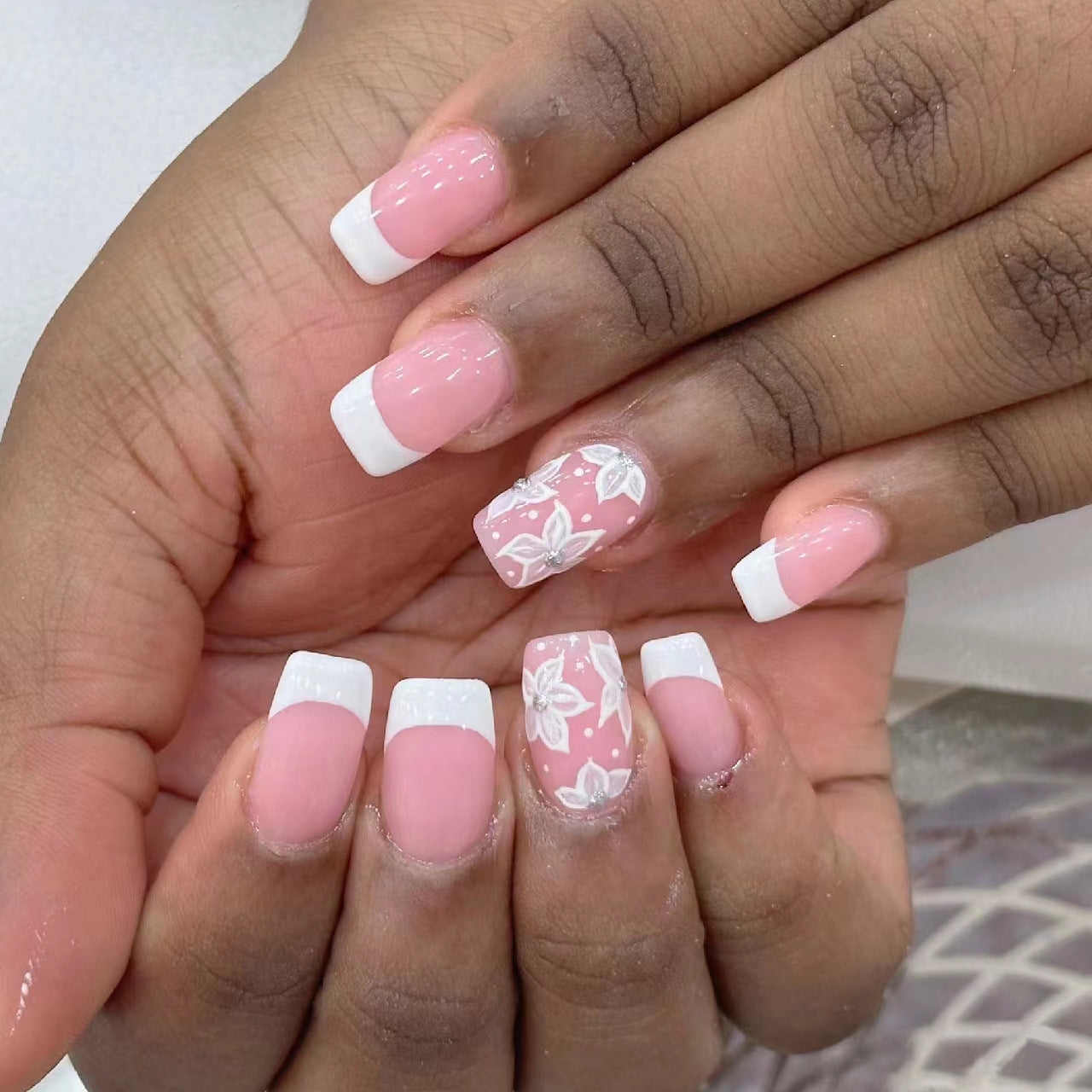 Floral Dream Pink Long Square Press On Nail Set with White Tips and Elegant Flower Designs