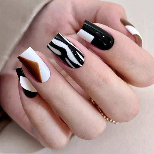 Artistic Elegance Extra Long Square Press On Nail Set with Black White and Brown Marble Design for Stunning Nail Art Transformations