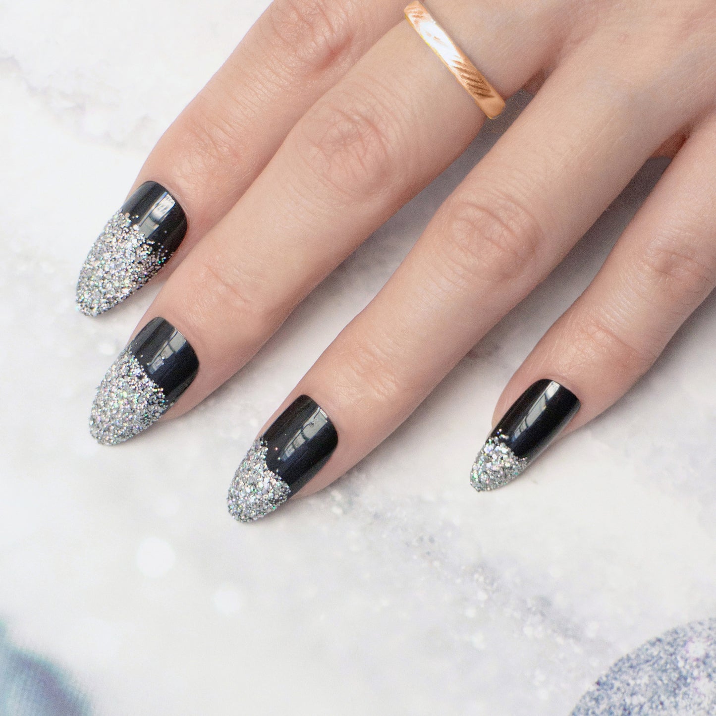 Glamorous Stardust Long Almond Press On Nail Set in Black and Silver with Glitter Ombre Effect