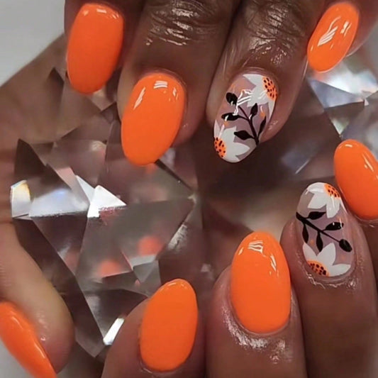 Vibrant Sunset Oval Press On Nail Set Long Orange with Floral Design