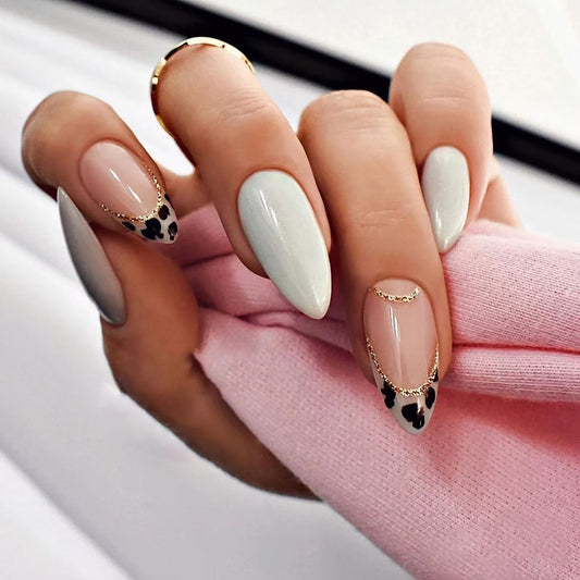 Chic Elegance Long Almond Shaped Soft Green and Beige Press on Nail Set with Gold Chain Accent