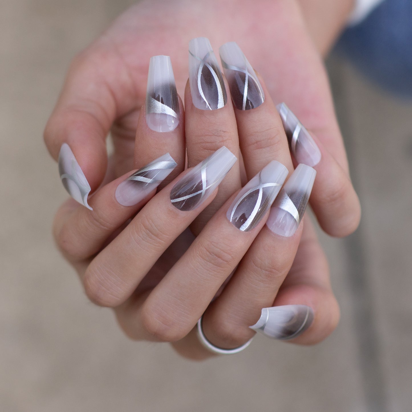 Chic Elegance Long Coffin Press On Nails Clear and Smoky Gray with Unique Geometric Designs
