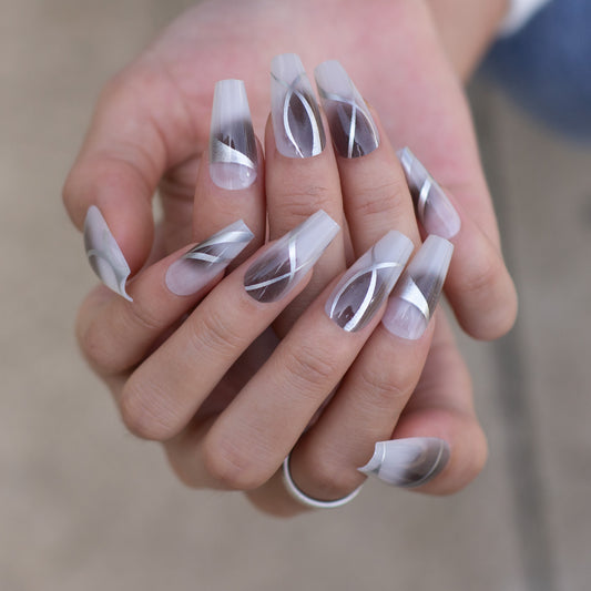 Chic Elegance Long Coffin Press On Nails Clear and Smoky Gray with Unique Geometric Designs