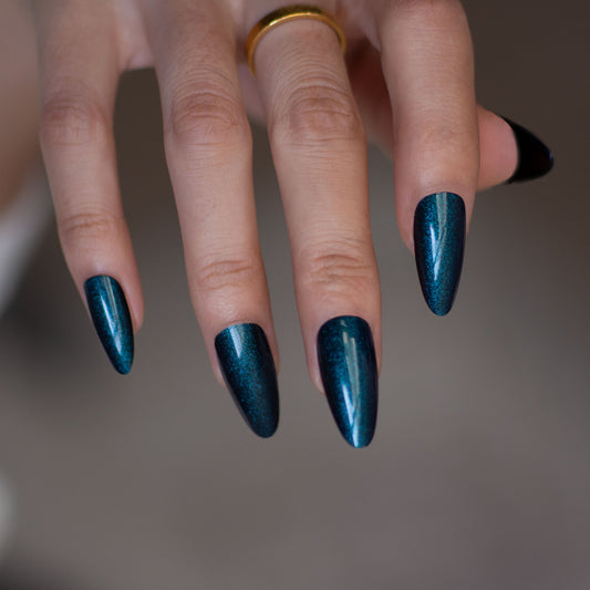 Celestial Elegance Long Almond Dark Teal Glitter Press On Nail Set for Glamorous Looks