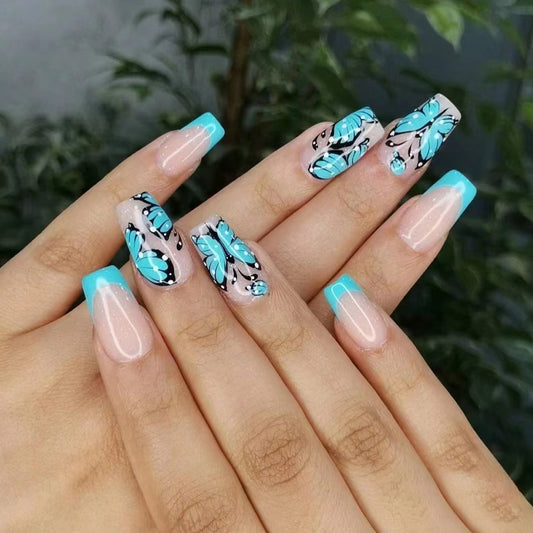 Butterfly Bliss Long Coffin Light Blue Press On Nail Set with Intricate Butterfly Designs and Sparkling Accents