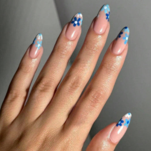 Floral Dream Extra Long Almond Press on Nail Set in Soft Pink with Blue Flower Tips