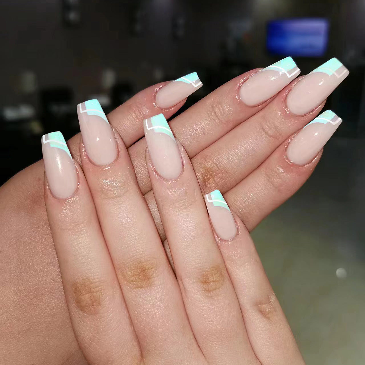 Neon Dreams Long Coffin Press On Nail Set in Soft Beige with Aqua French Tips and Unique Glow Feature